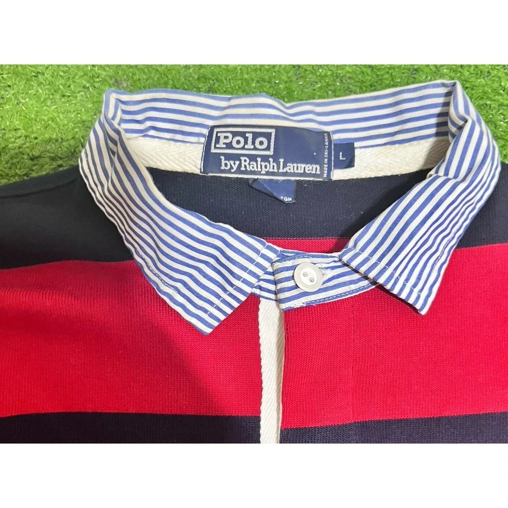Vintage Polo Ralph Lauren Rugby‎ Shirt L Stripe Red Blue RARE pinstripe Collar